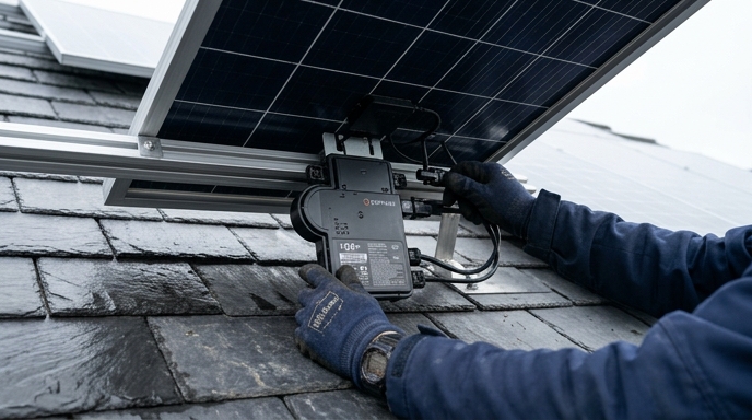 Solar panels installed on a grey slate roof of a typical Irish semi-detached house
