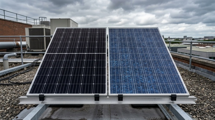 Aerial view of solar panels installed on a commercial building rooftop in Ireland