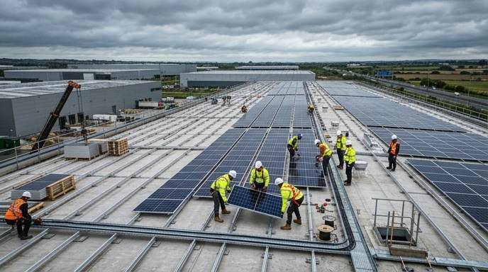 Close-up comparison of monocrystalline and polycrystalline solar panels on a commercial roof