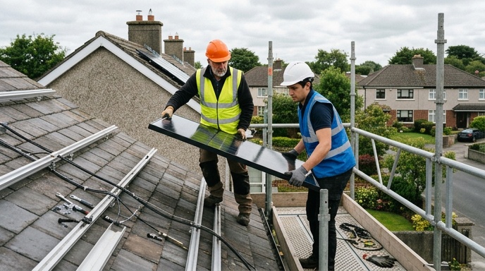 Can You Take Your Solar Panels When Moving House? 2 Solar panels mounted on a slate roof of an Irish semi-detached home