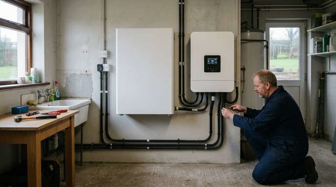 Solar inverter on standby in an Irish utility room during a grid power cut