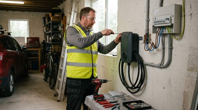 Wall-mounted home EV charger installed on the exterior of an Irish home