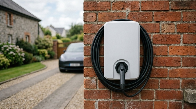 Electric vehicle plugged into a home charger outside an Irish suburban house