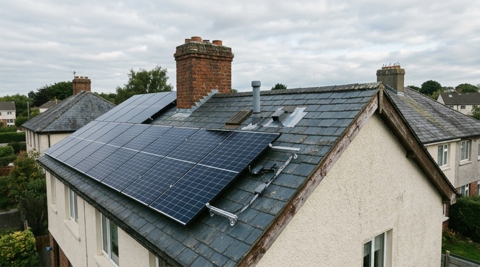 How Many Solar Panels Do I Need in Ireland? Sizing Guide by Home and Usage 1 Twelve solar panels installed on the slate roof of an Irish semi-detached home