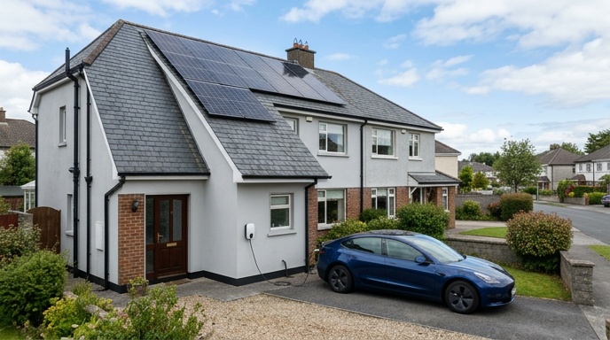 Electrician installing a home EV charger inside an Irish garage