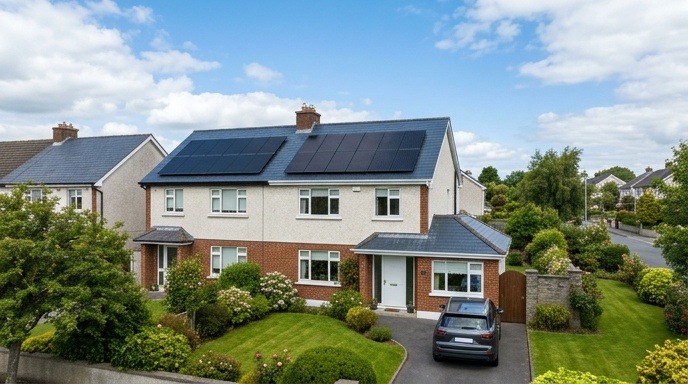 Homeowner inspecting a thermodynamic solar panel on the gable wall of an Irish bungalow
